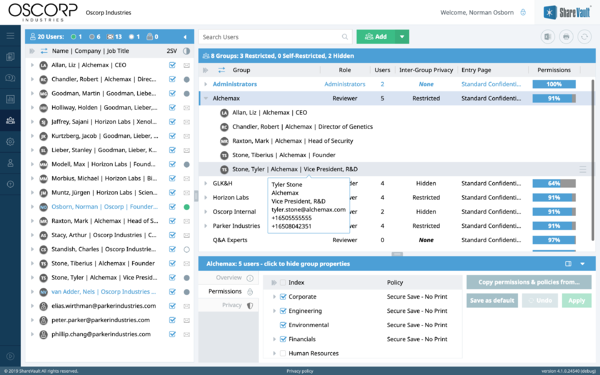 ShareVault 4.1 groups view with side menu